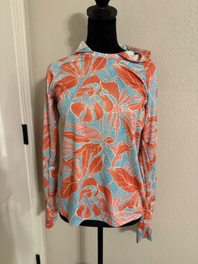 Columbia Coral and Aqua Floral Long-Sleeve Hooded Tee